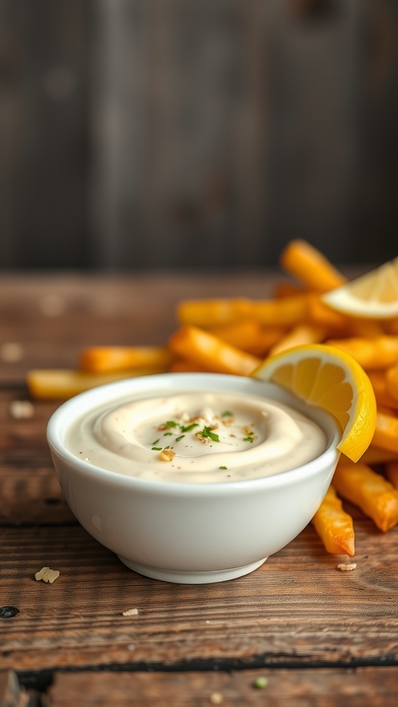Creamy Garlic Aioli Sauce Recipe Creamy garlic aioli sauce in a bowl next to crispy fries and a lemon wedge.